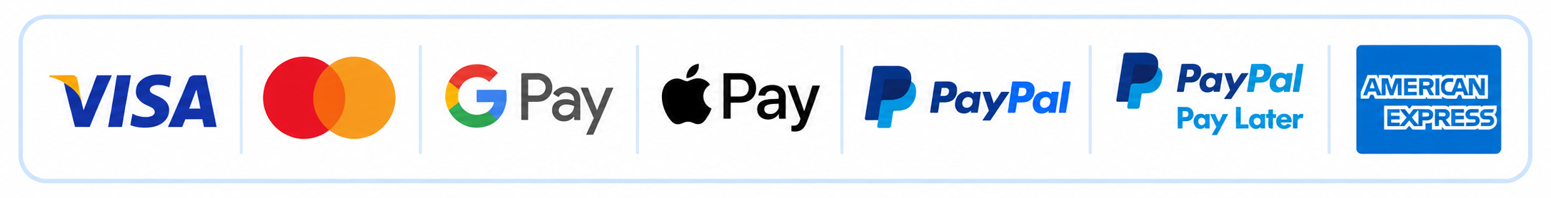 Visa, Mastercard, PayPal, American Express, Apple Pay and Google Pay