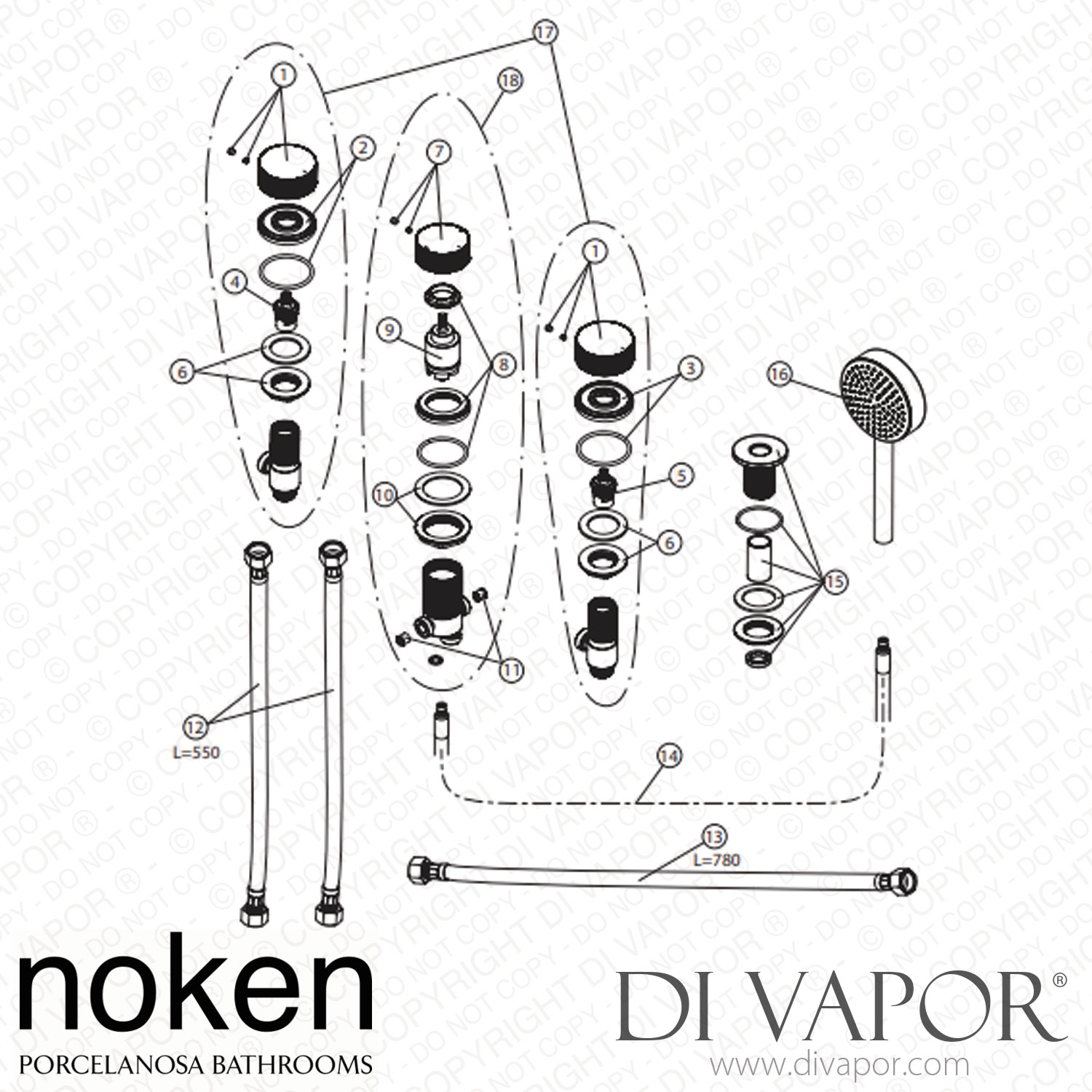 Noken 100190247 4Hole Deck Mounted Bath Set 1/2 Inch Spare Parts