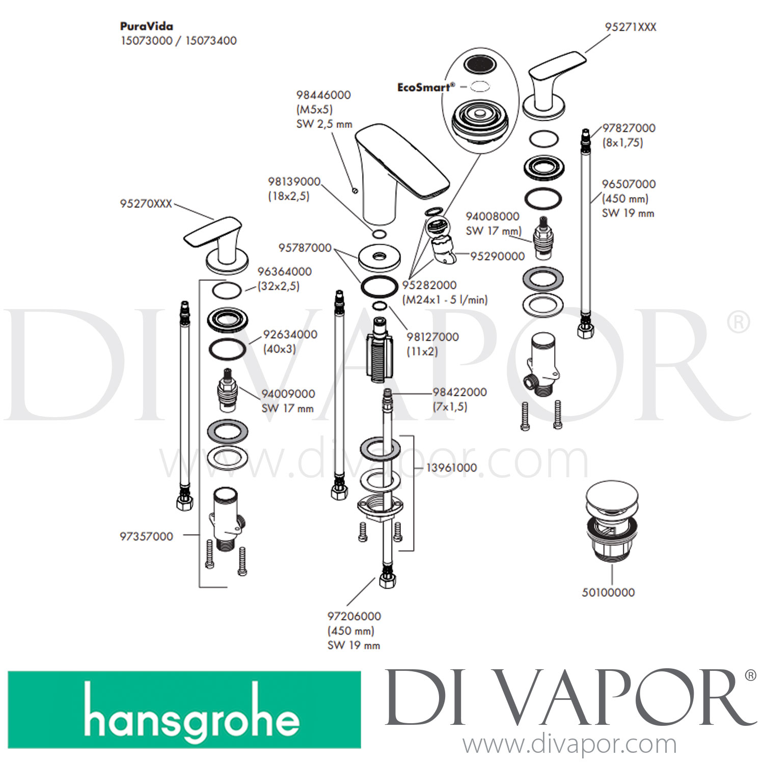 Hansgrohe 15073000 PuraVida 3Hole Basin Mixer 100 with Waste