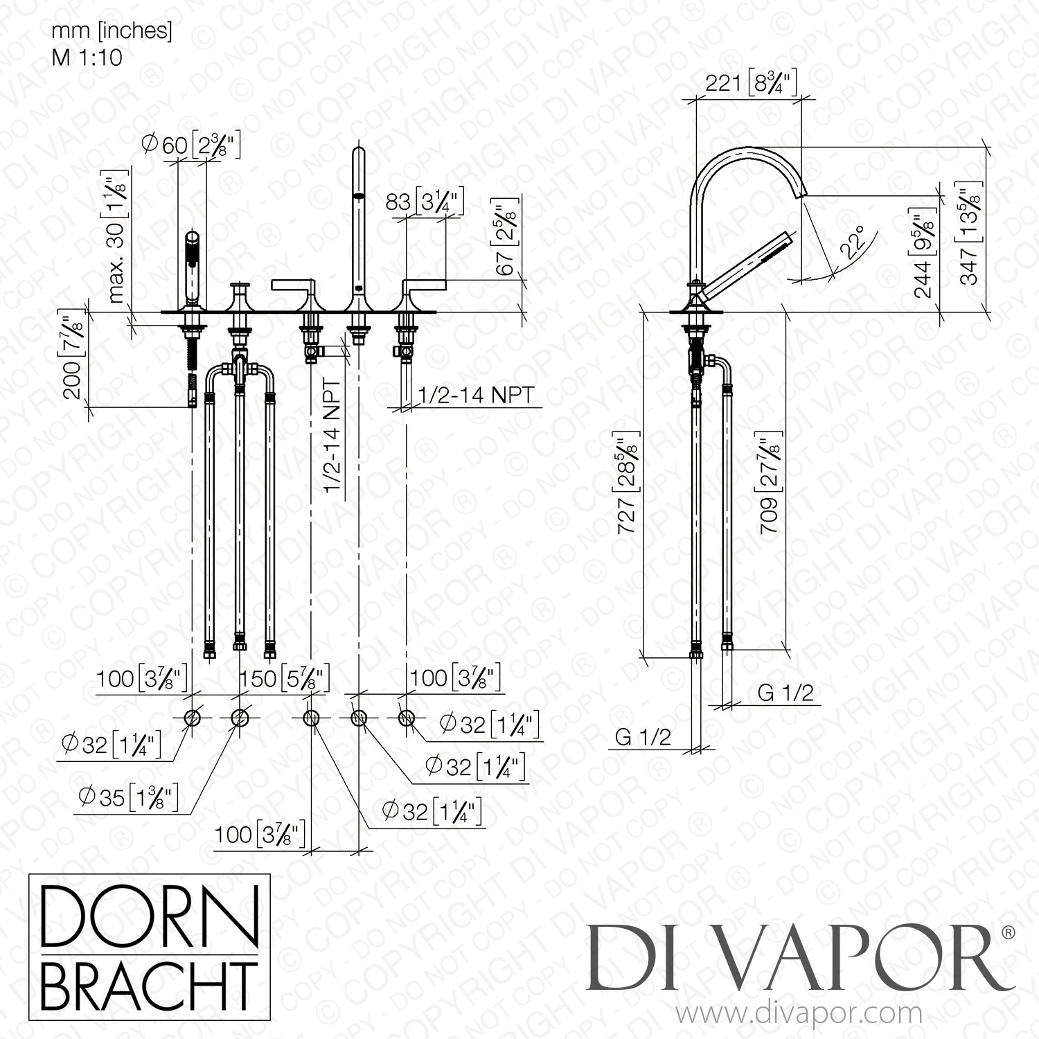 Dornbracht Five Hole Tub Set for Deck Mounted Tub Installation with