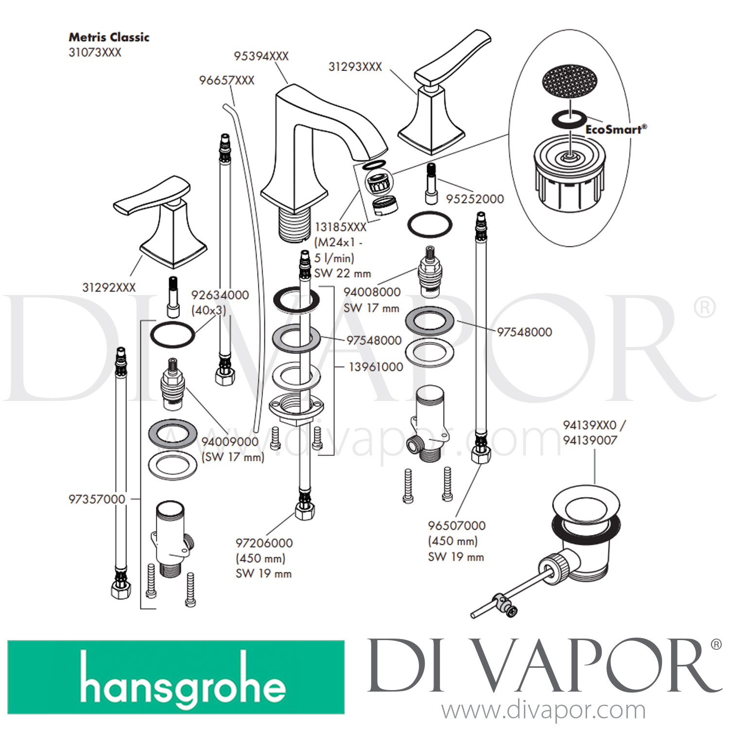 Hansgrohe 31073000 Metris Classic 3Hole Basin Mixer 100 with PopUp