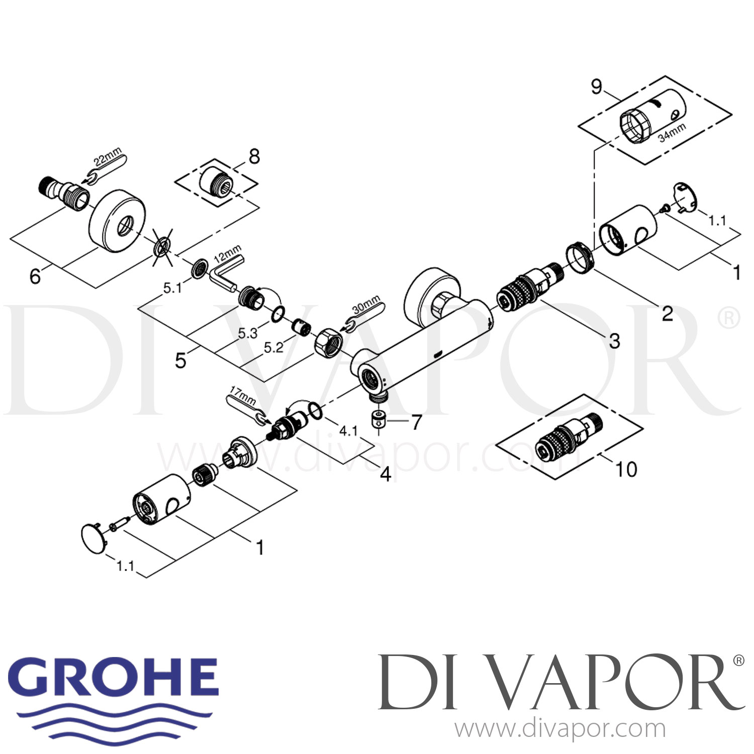 pastel Hæl annoncere Grohe 34065002 Grohtherm 1000 Cosmopolitan M Thermostatic Shower Mixer (1/2  Inch) Spare Parts