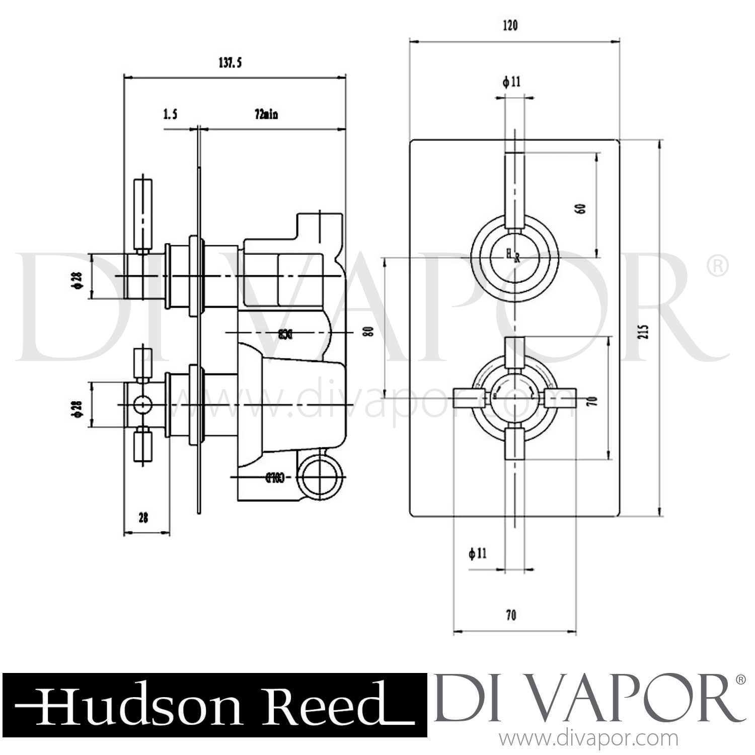 Hudson Reed Tec Pura Twin Concealed Thermostatic Shower Valve & 8 Inch