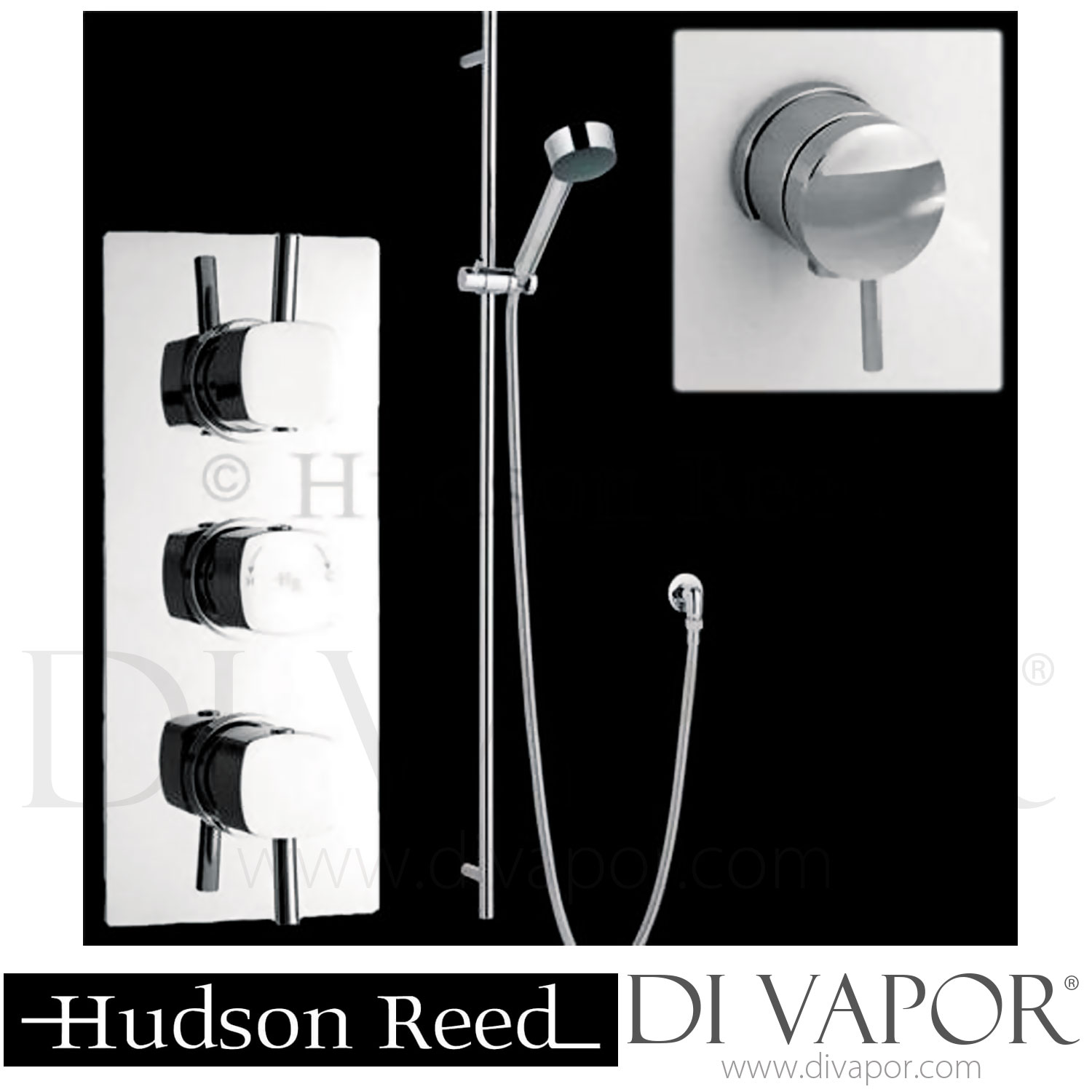 Hudson Reed Kia Triple Shower Valve, Kew Slider Rail Kit & Freeflow