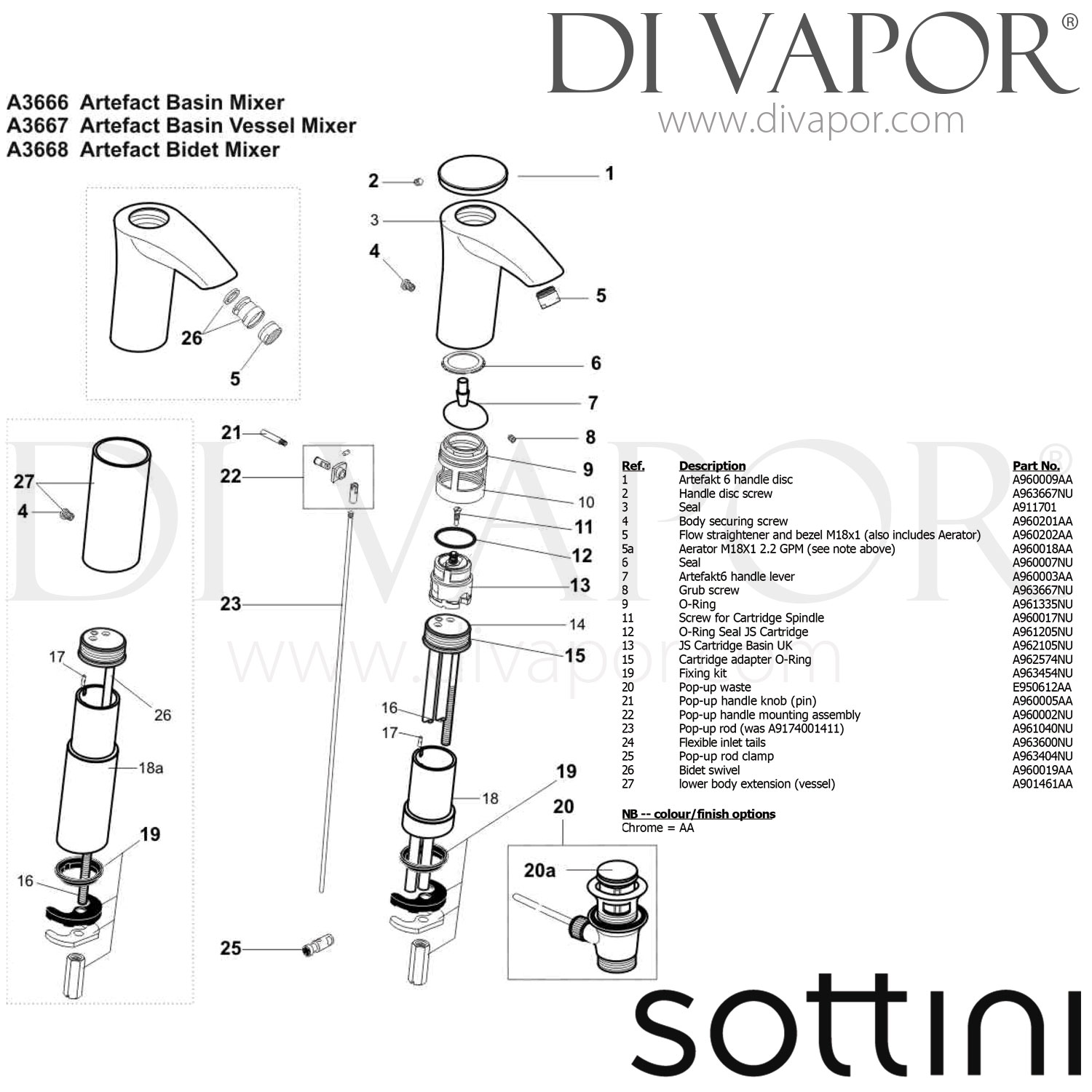 Sottini A3667AA Artefact Single Lever Tap Spares
