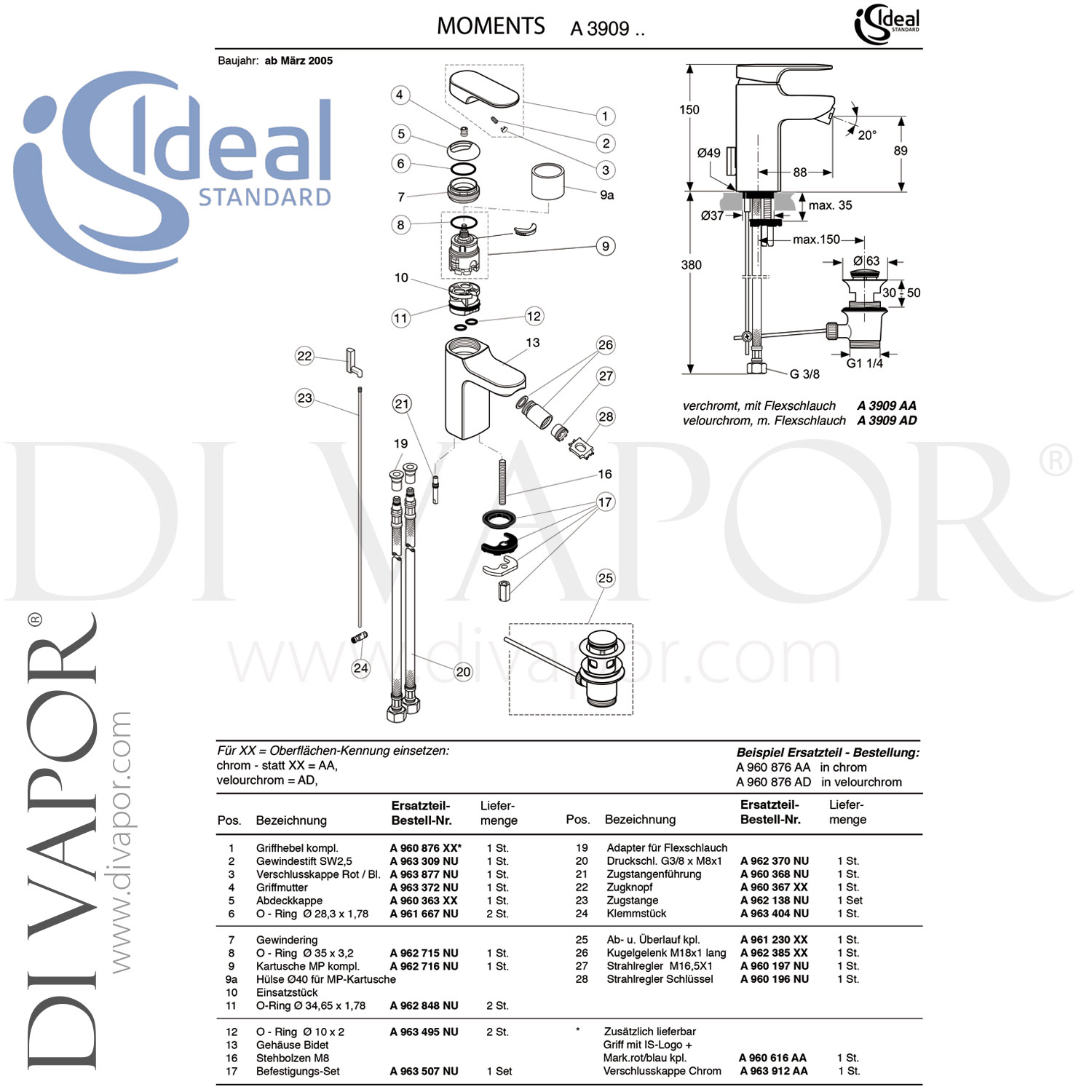 Ideal Standard A3909AA Moments Single Lever One Taphole Bidet Mixer