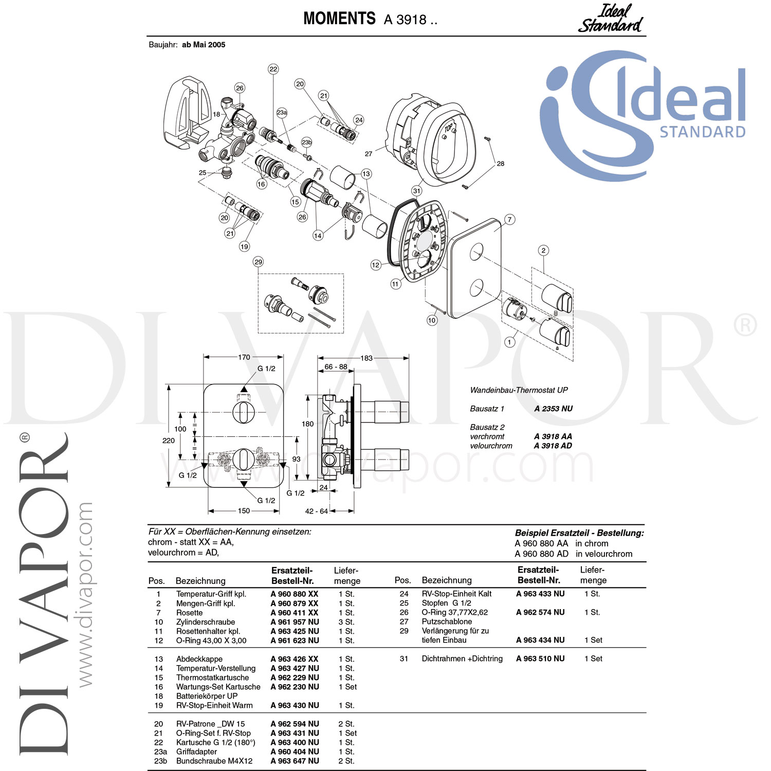 Ideal Standard A3918AA Moments Faceplate and Handles for Trevi TT Built