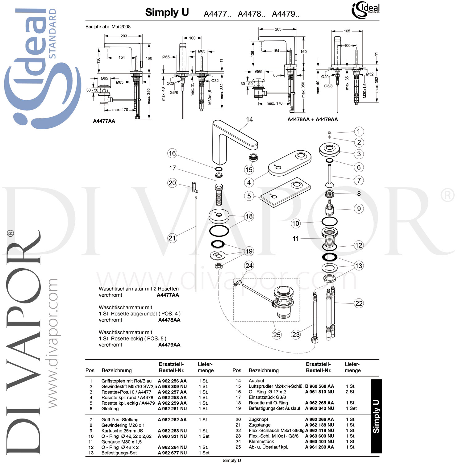 Ideal Standard Simply U Single Lever 2 Taphole Basin Mixer Tap Spare