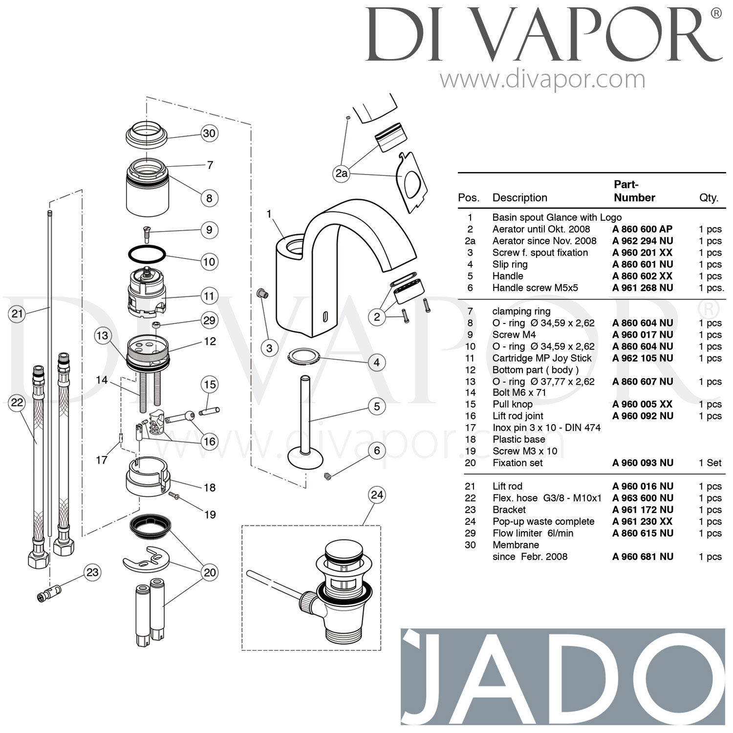 Jado A5330AA Glance Single Lever Tap Spare Parts