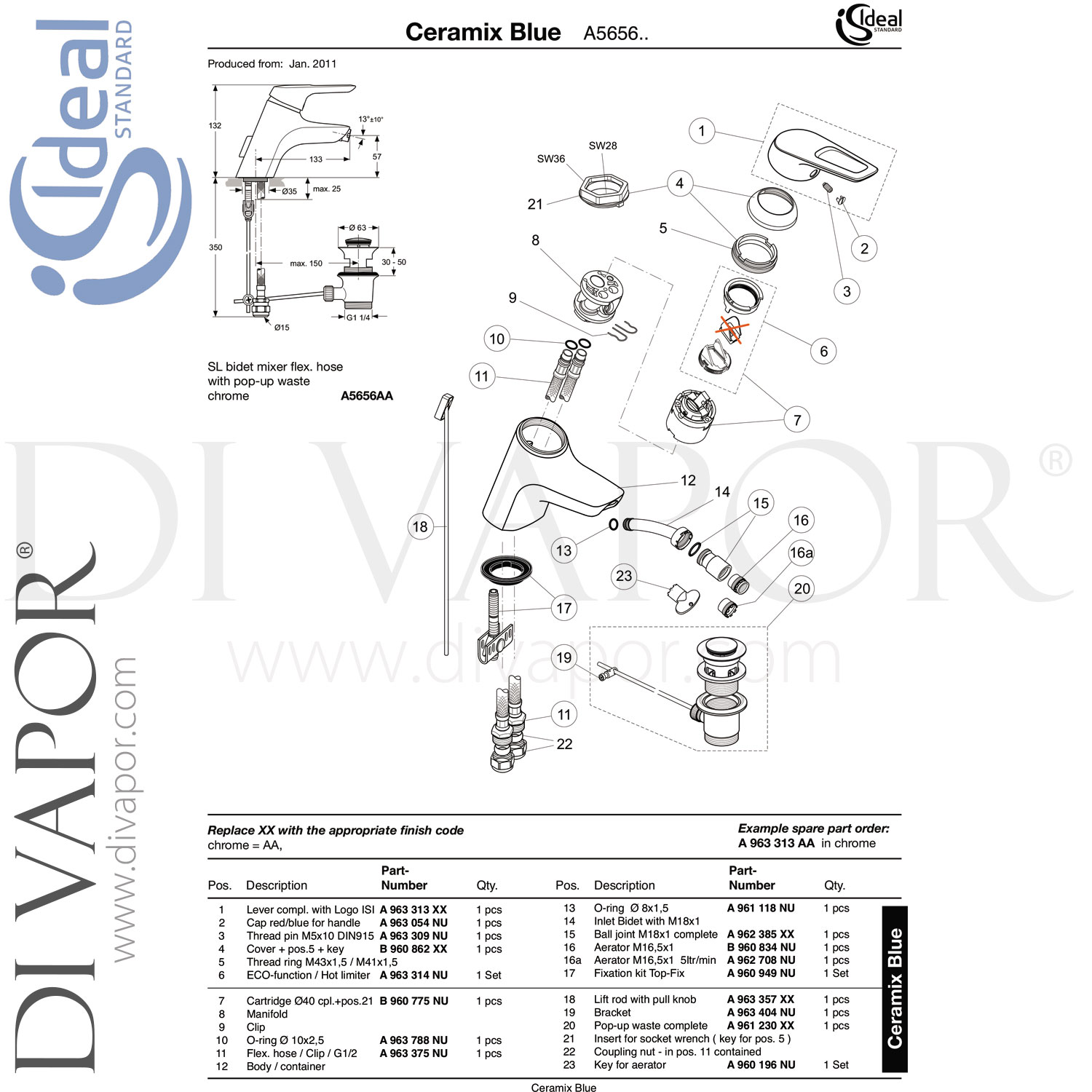 Ideal Standard A5656AA Ceramix Blue Single Lever Bidet Mixer Tap Spare