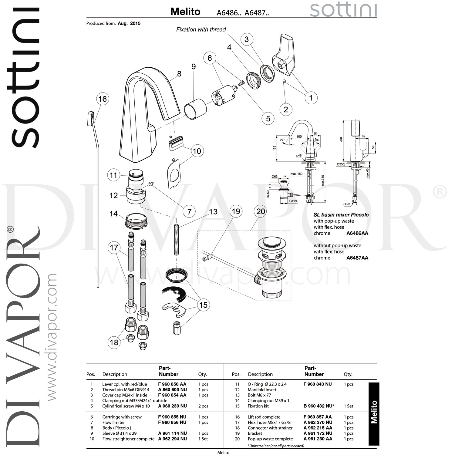 Sottini A6487AA Melito Small Basin Mixer Spare Parts