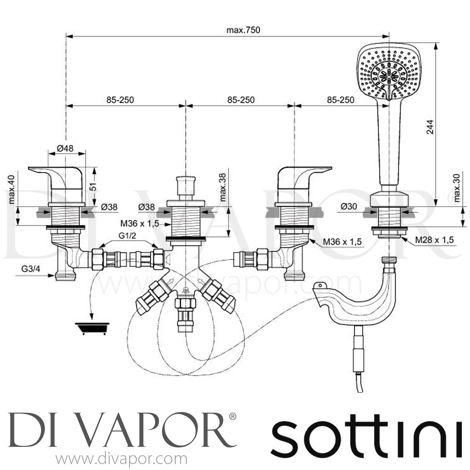 Sottini A6521AA Lambro 4 Hole Bath Shower Mixer Spare Parts