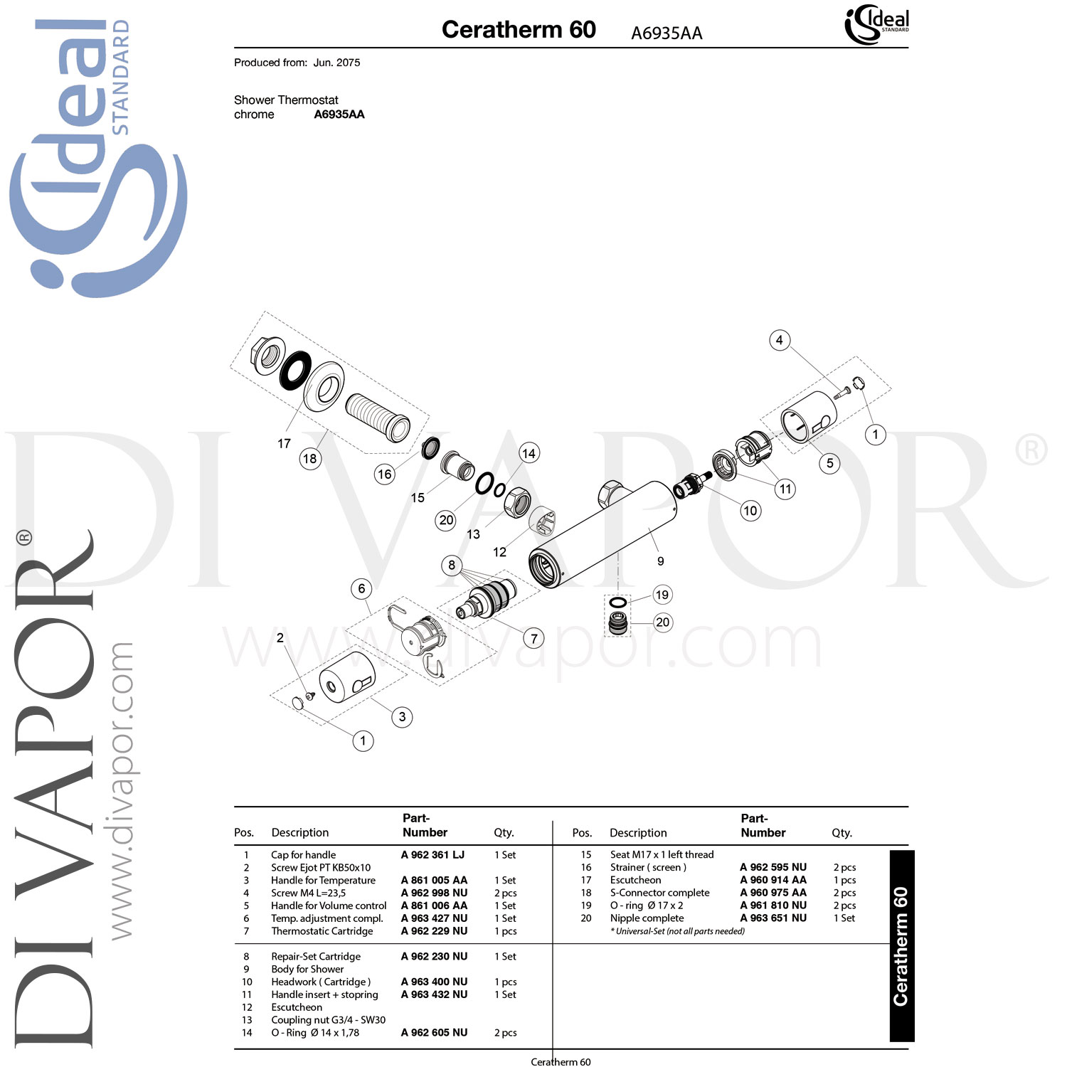 Ideal Standard A6935AA Ceratherm 60 Shower Mixer Valve Spare Parts
