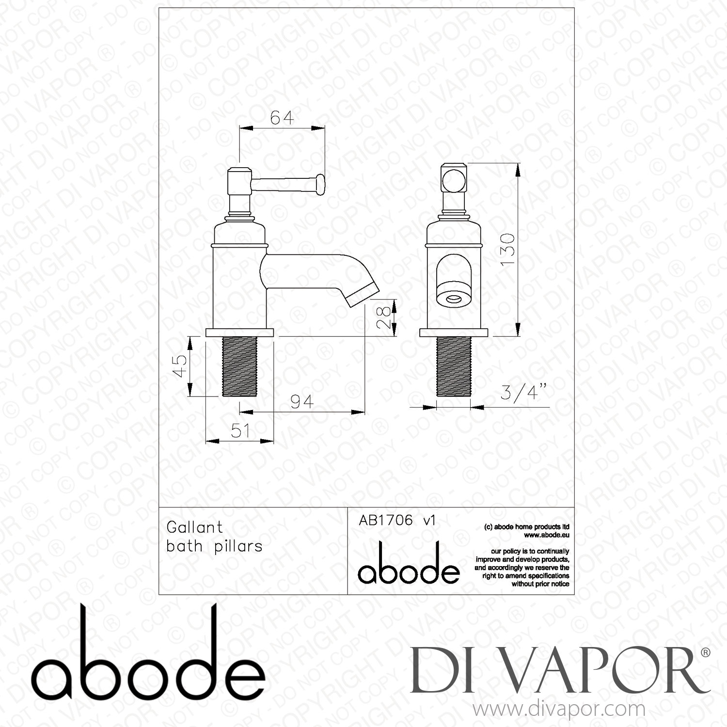 Abode AB1706 Gallant Bath Pillar Taps in Chrome Spare Parts