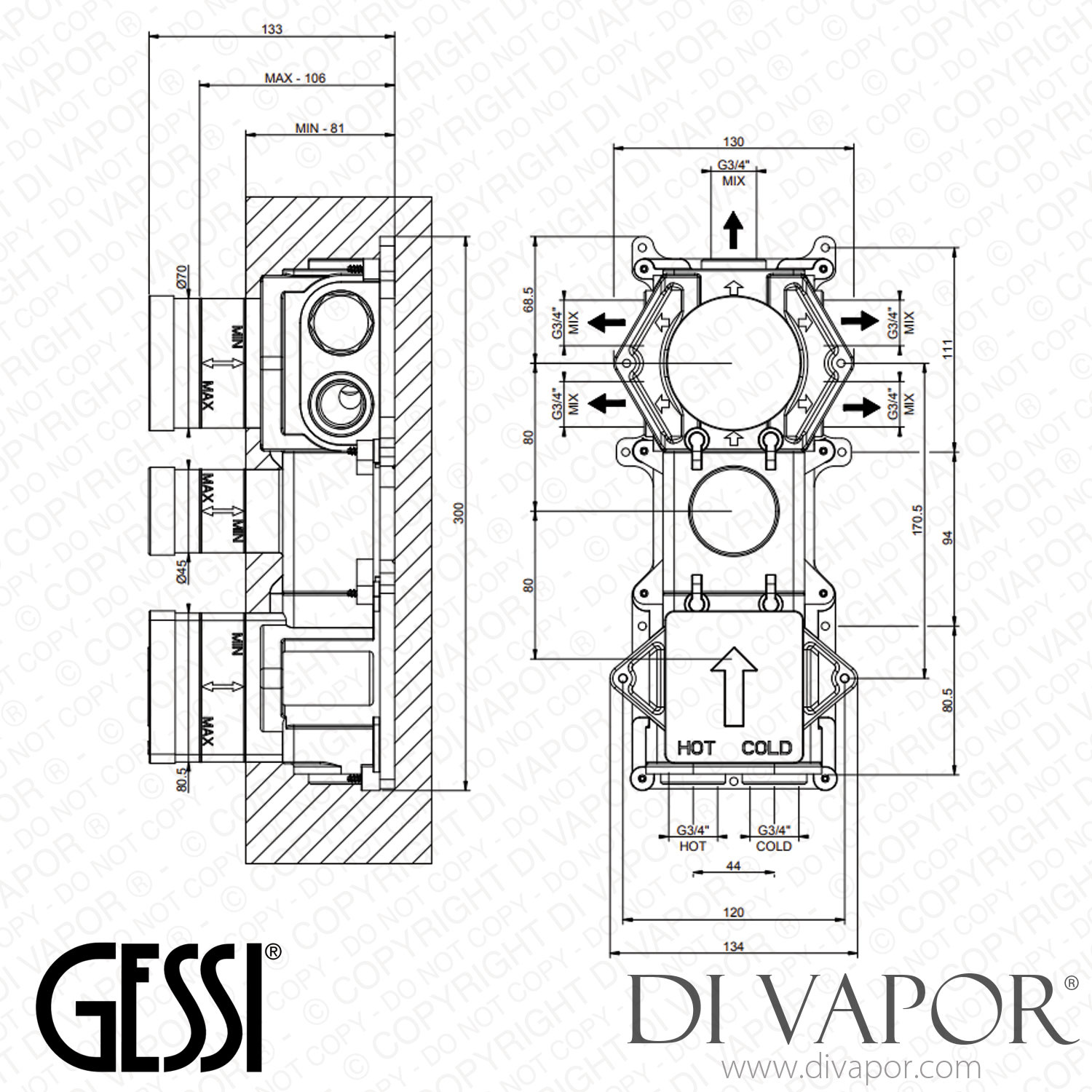 Gessi Builtin Thermostatic Highcapacity Mixer With Five Separate