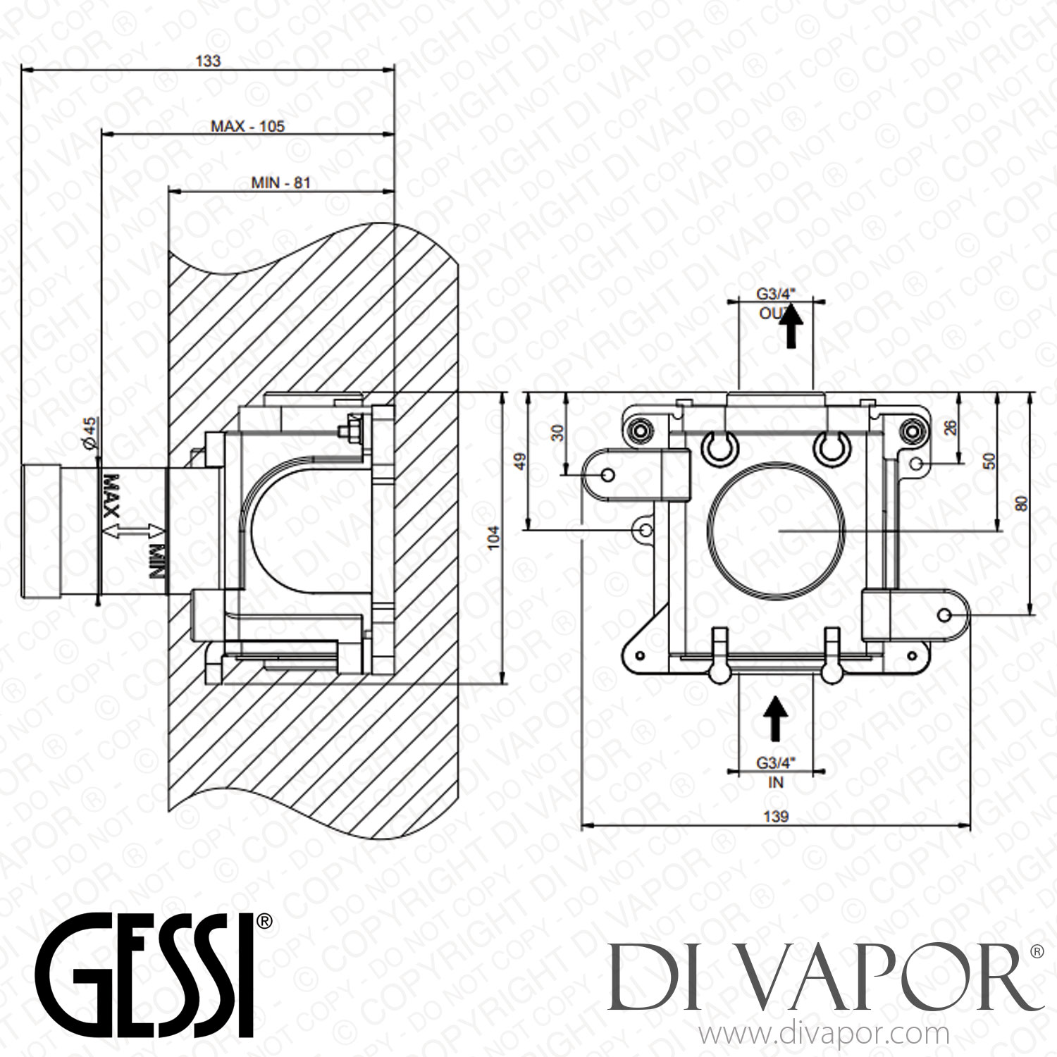 Gessi Built-in Part For Stop Valve For Thermostatic High-capacity Mixer ...
