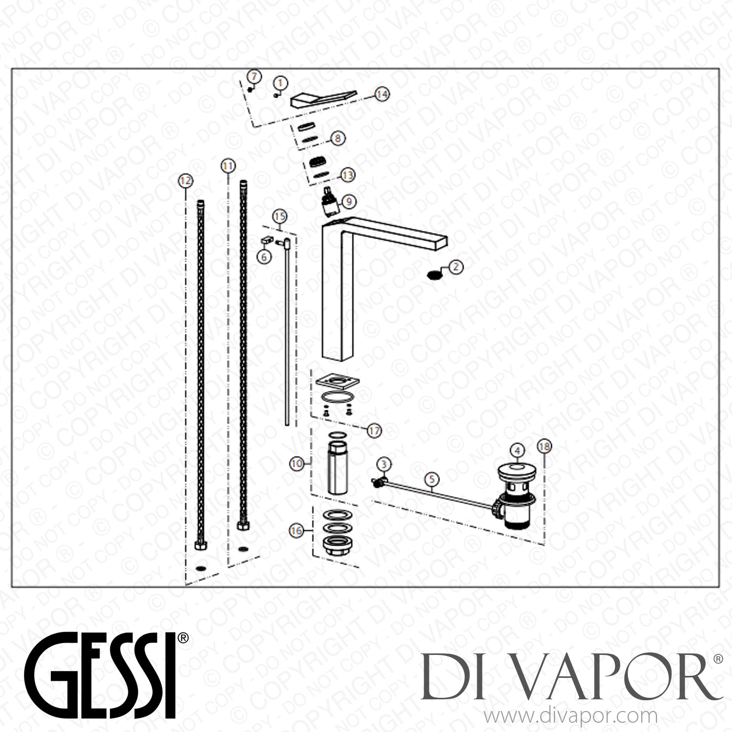 Gessi High Basin Mixer, Flexible Connections, With Waste (Art. 53003