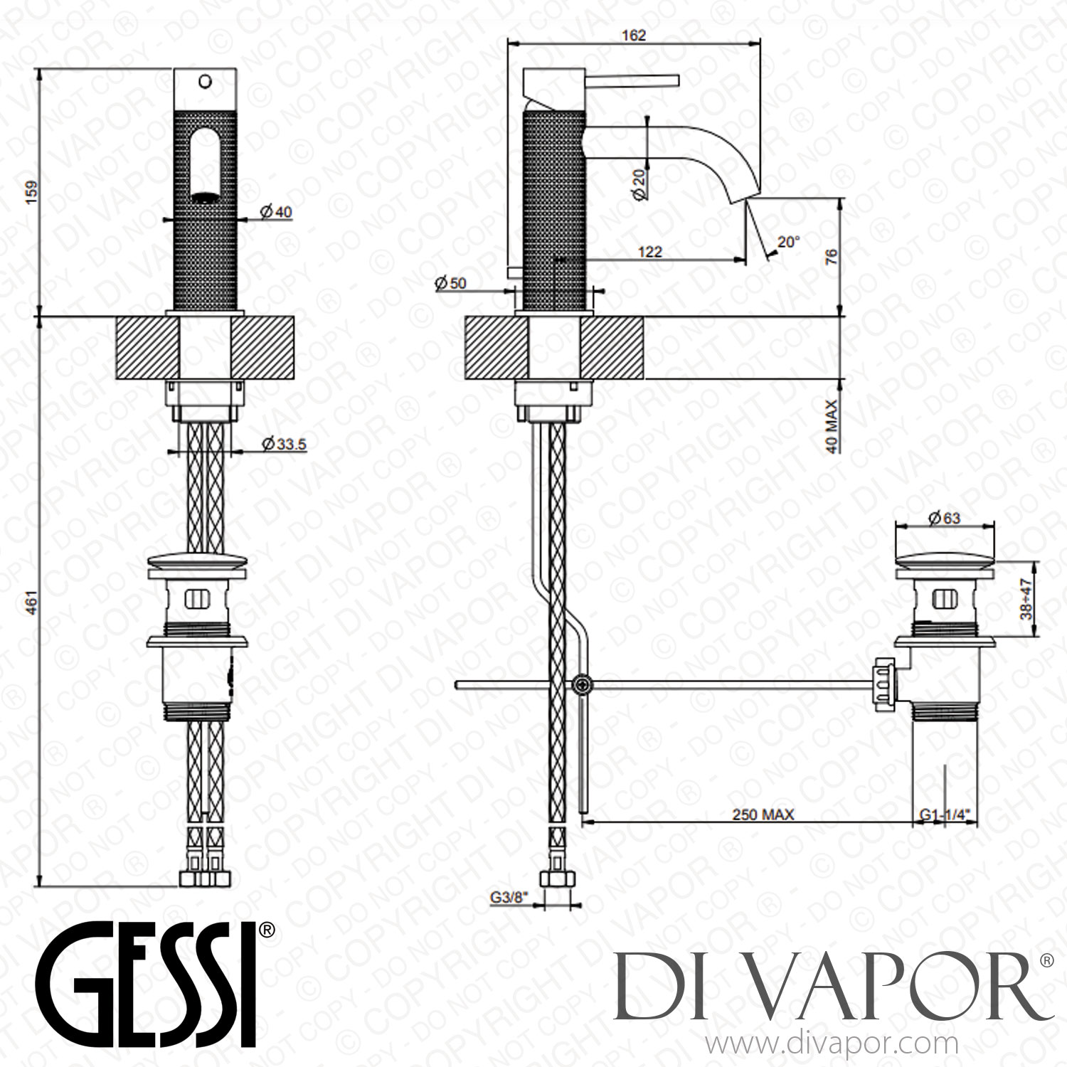 "Gessi Basin Mixer, Flexible Connections, With Waste (Art. 54401) Spare