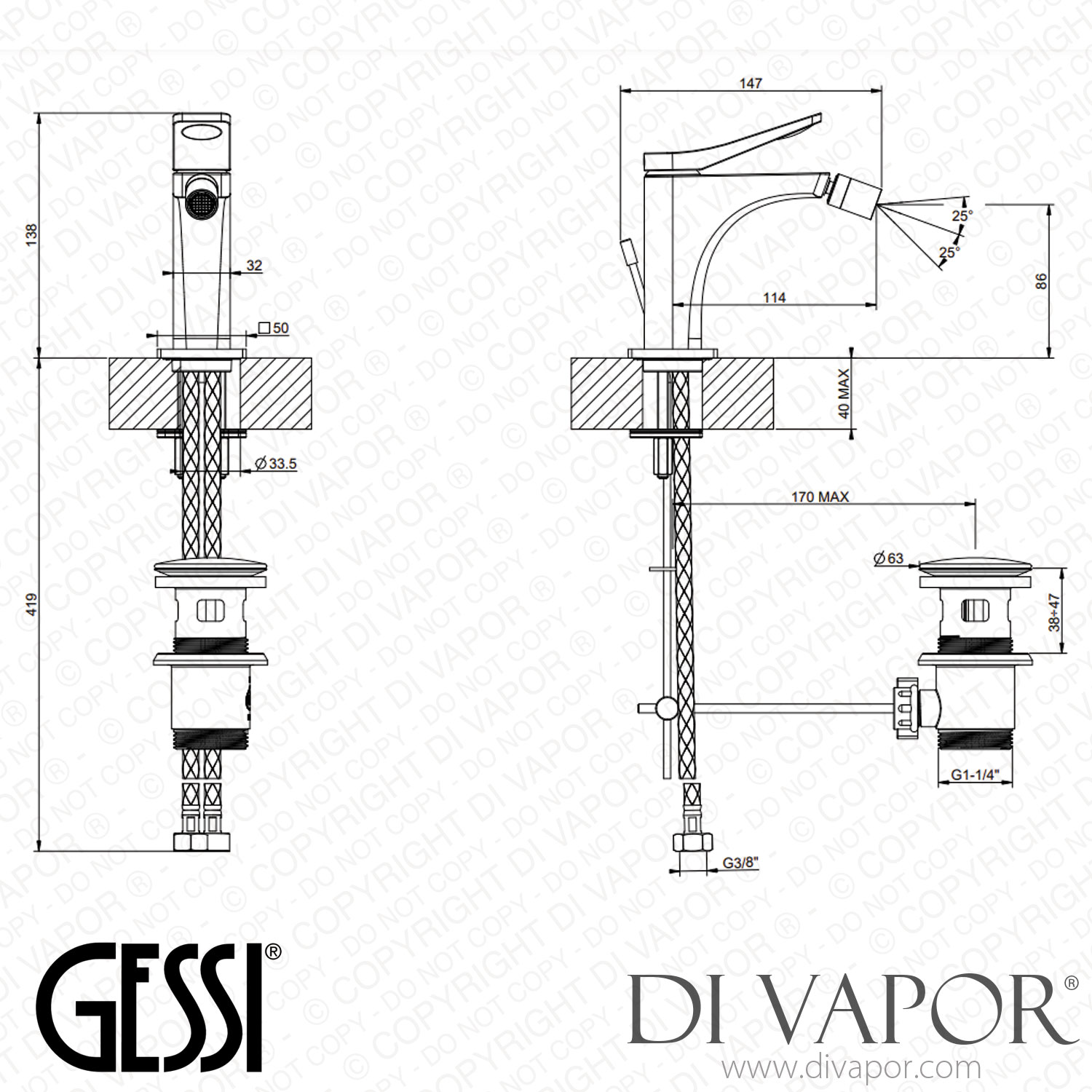 Gessi Bidet Mixer, With 1 1/4 Inch Pop-up Waste And Flexible Hoses With ...