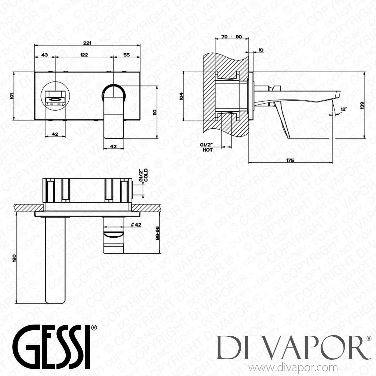"Gessi External Parts For Builtin Mixer With Spout, Without Waste (Art