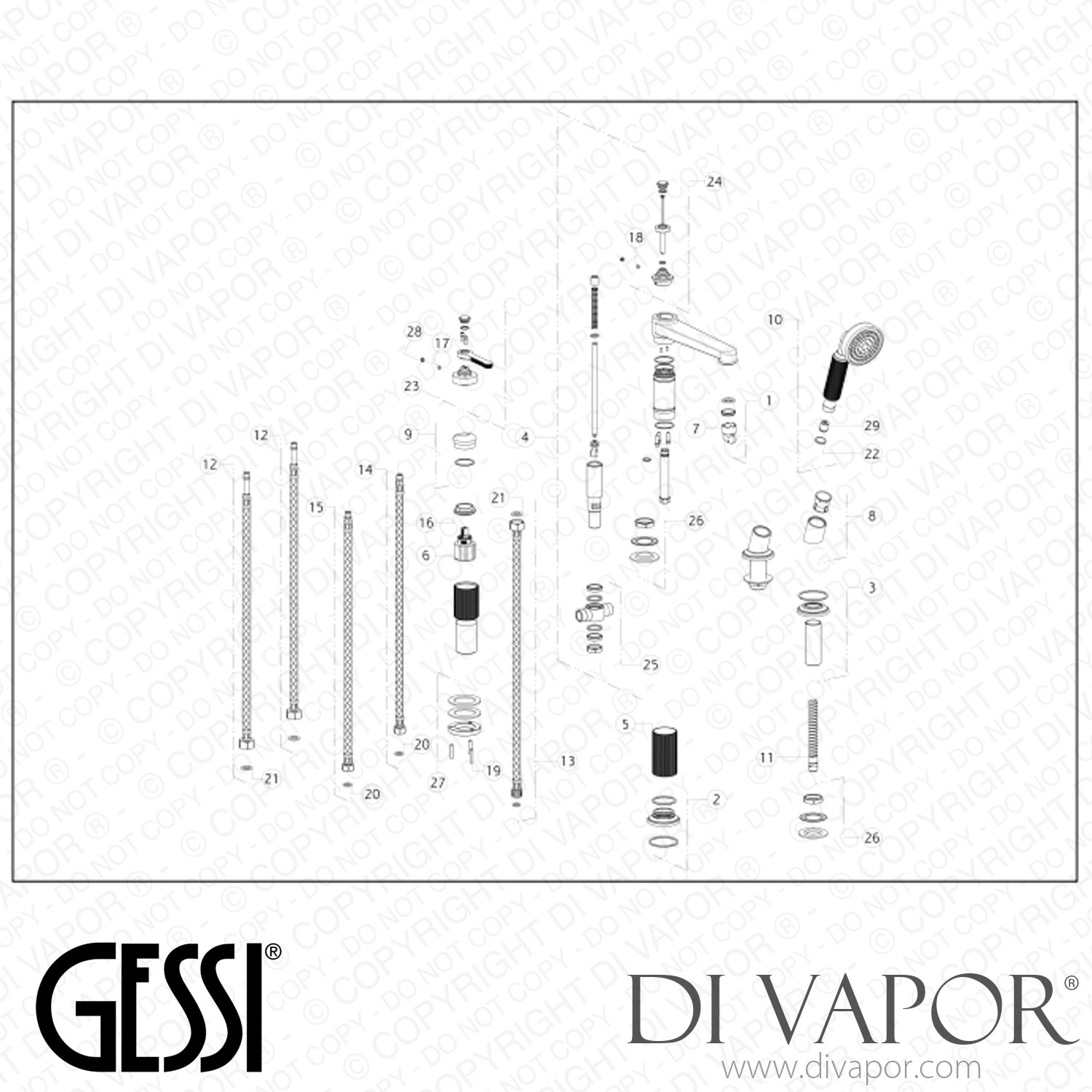 "Gessi Threehole Basin Mixer With Diverter, Spout, 1,50 M Flexible