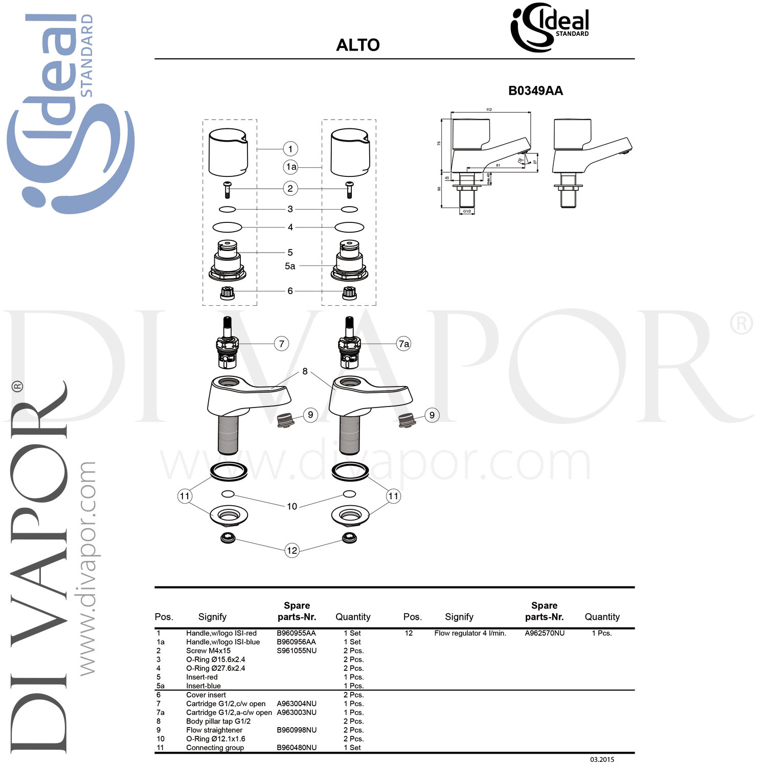 Ideal Standard B0349AA Alto Bathroom Basin Pillar Taps Spare Parts