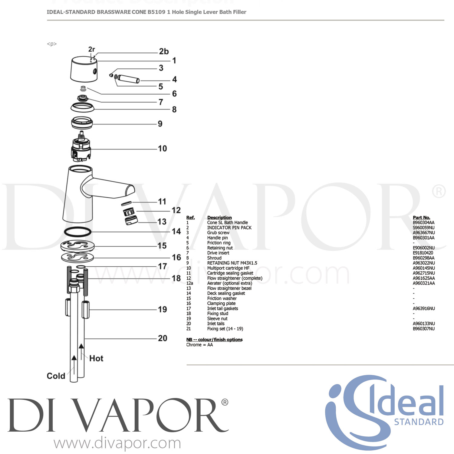 Ideal Standard B5109AA Cone Chrome Single Lever One Taphole Bath Filler