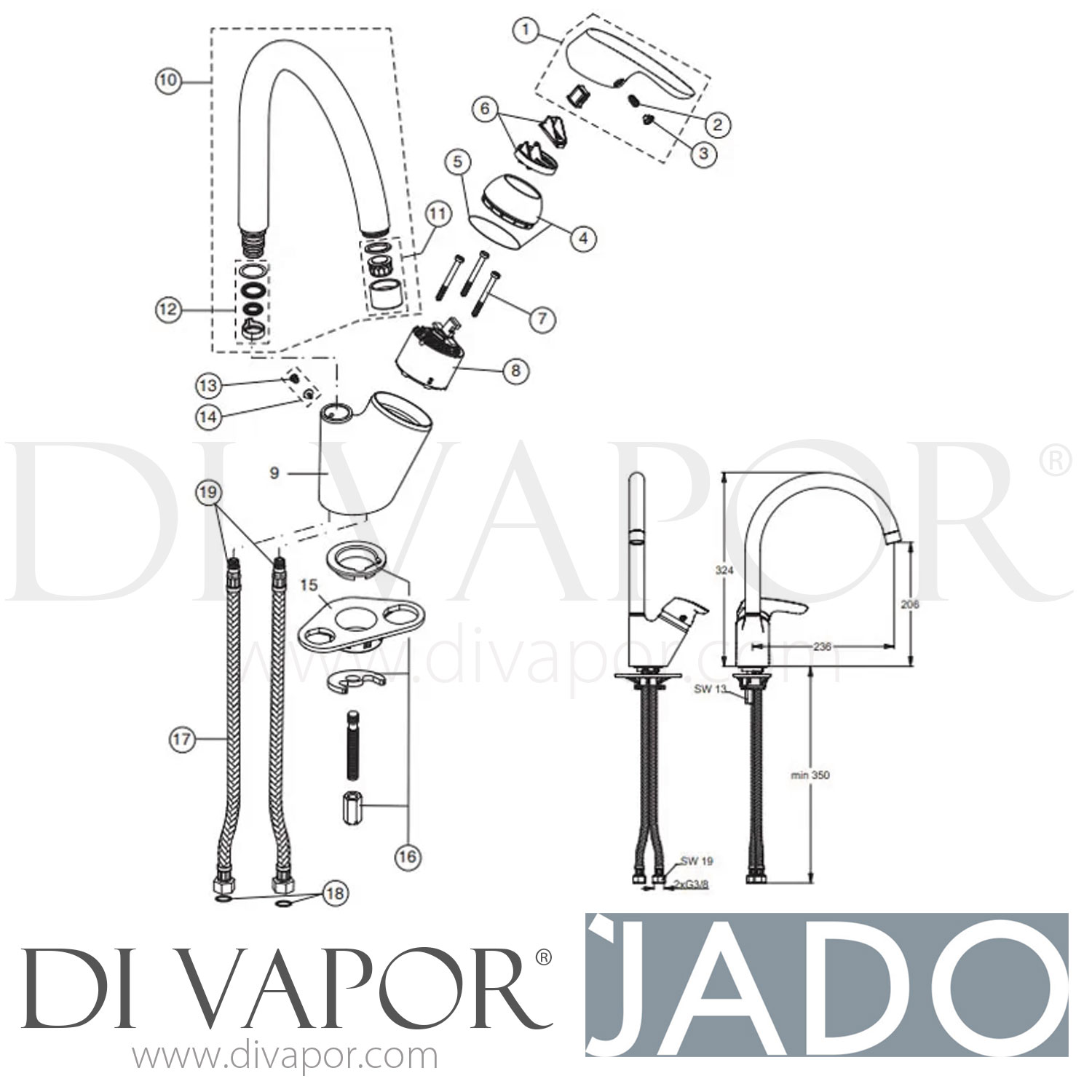 Jado B7473AA Cerasprint Kitchen Mixer with High Spout Tap Spare Parts