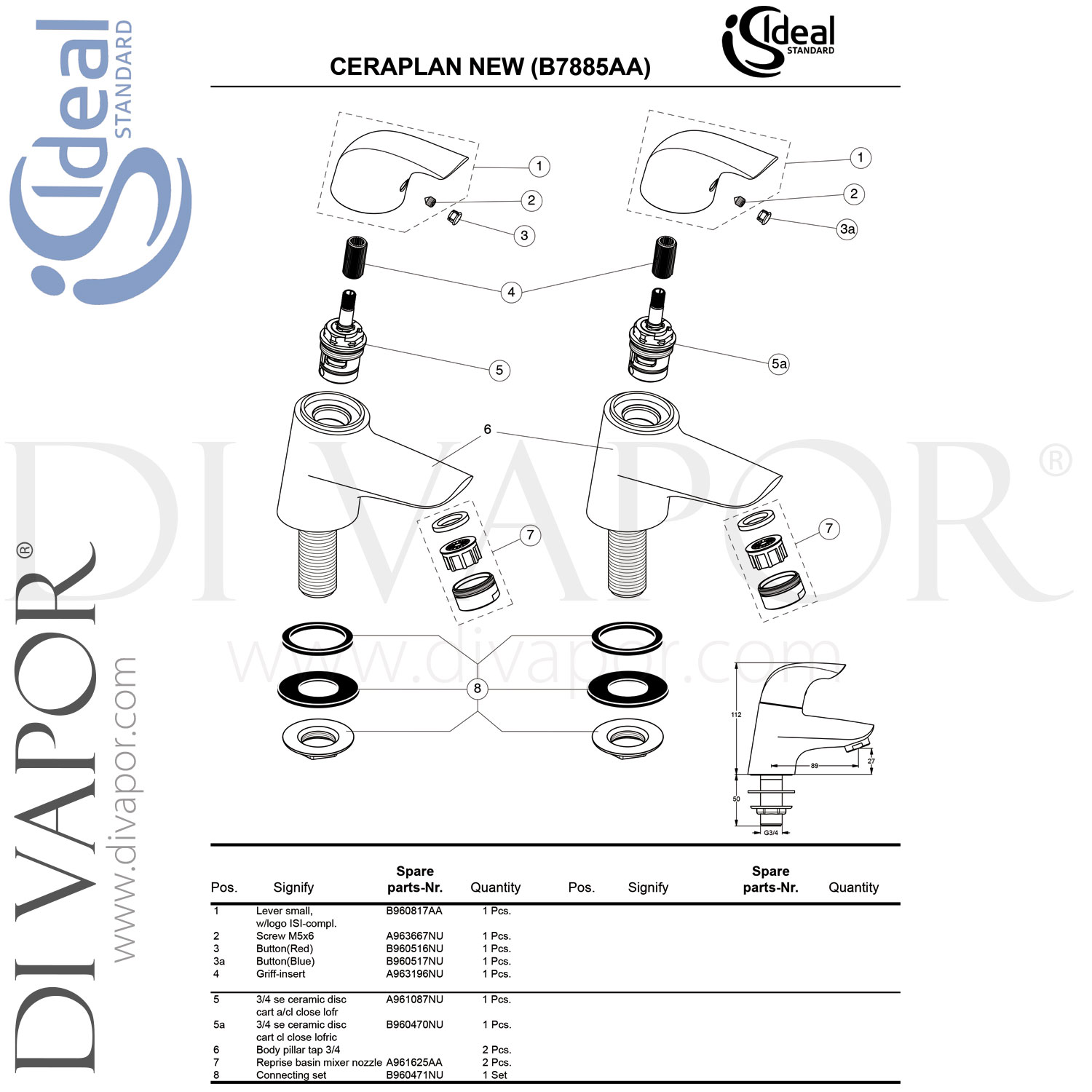 Ideal Standard B7885AA Ceraplan Chrome SL Bath Pillar Taps Spare Parts