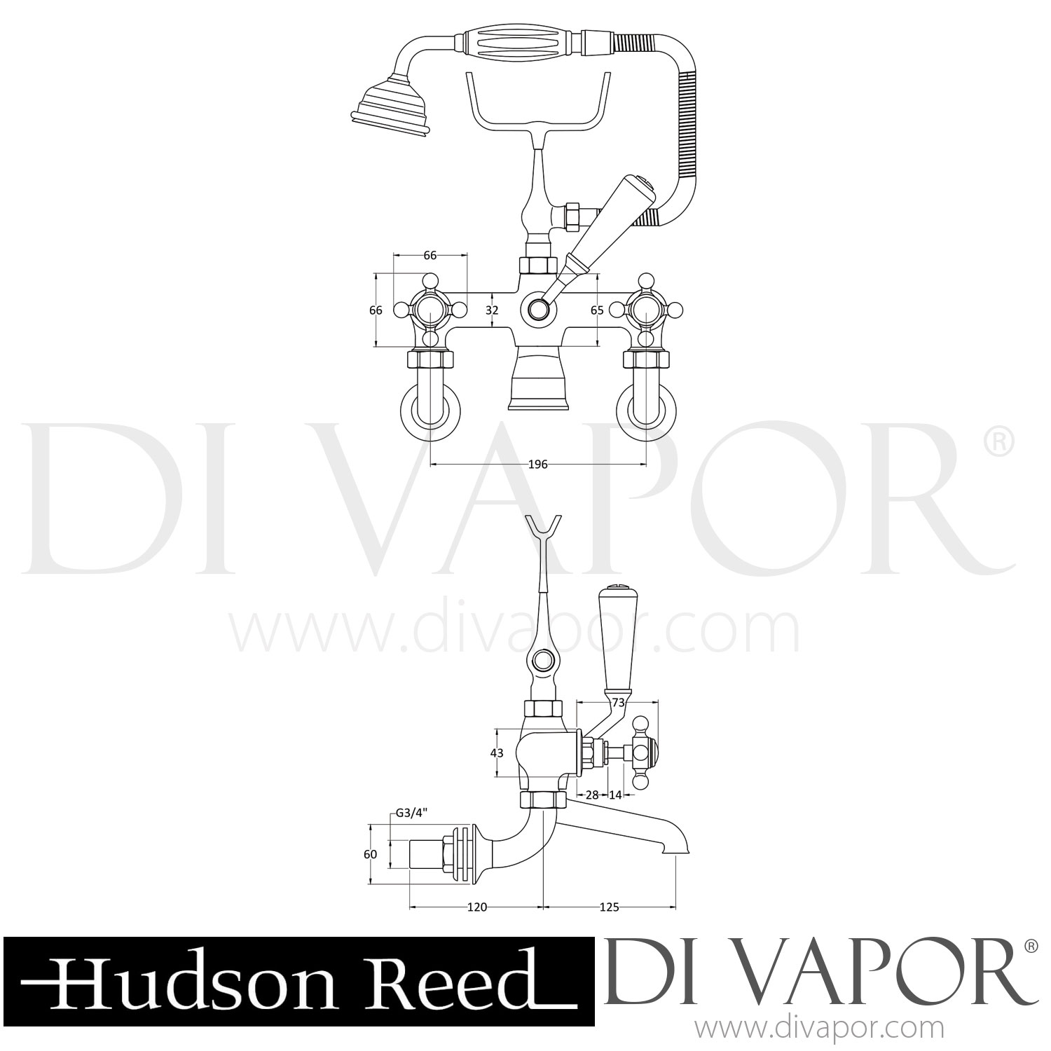 Hudson Reed BC304HXWM White Topaz With Crosshead Wall Mounted Bath