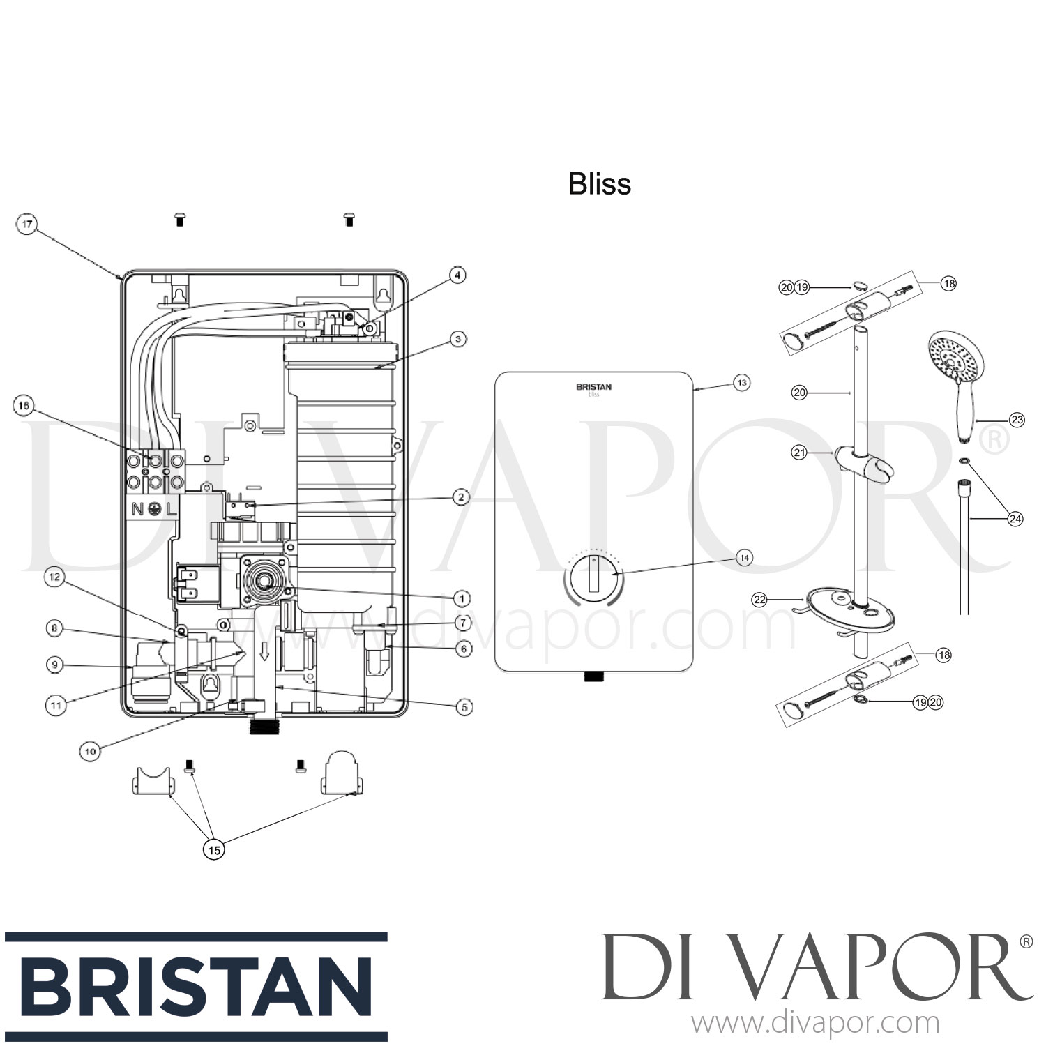 Bristan Bliss 9.5 kW Electric Shower Black Spare Parts BR DV 103