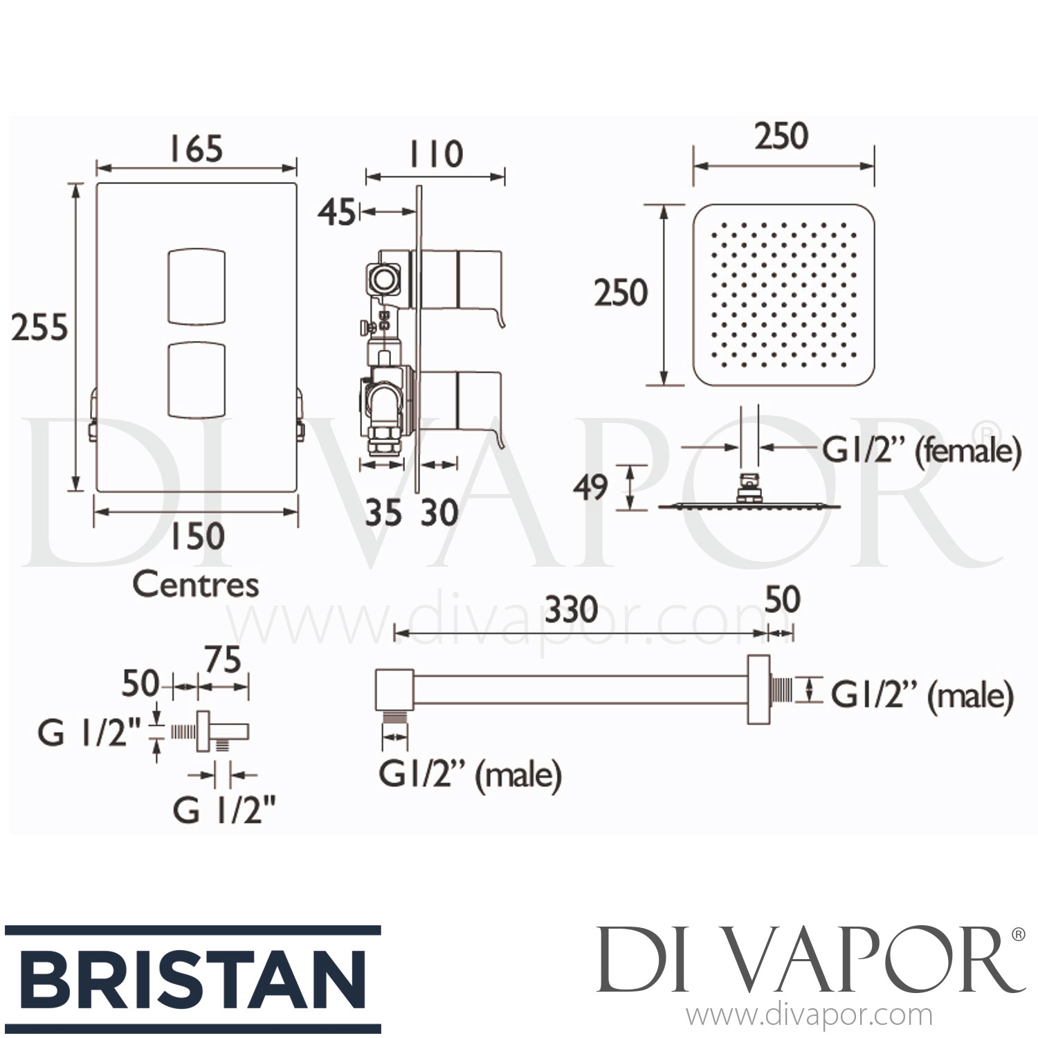 Bristan DESCENT SHWR PK2 Thermostatic Shower Pack with Fixed Head and