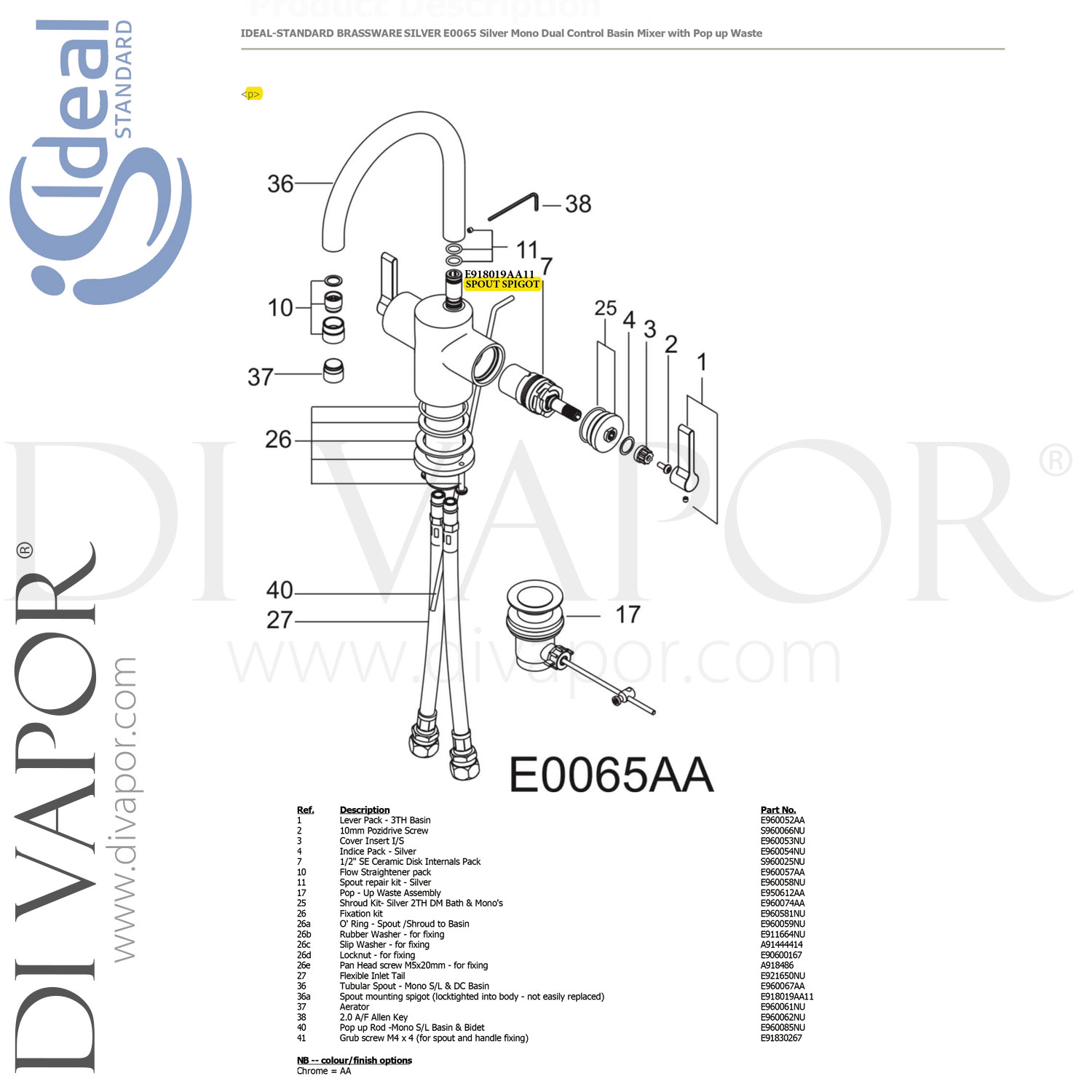Ideal E0065AA Silver Basin Mixer Tap Spare Parts