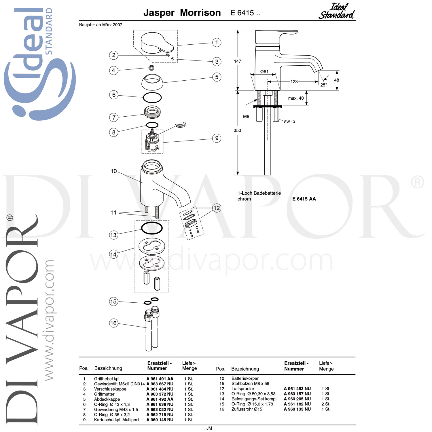 Ideal Standard E6415AA Jasper Morrison Chrome Single Lever One Taphole
