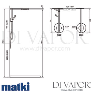 Matki EX28 Elixir Blade 2 Way Shower Mixer and Deluge Dimensions