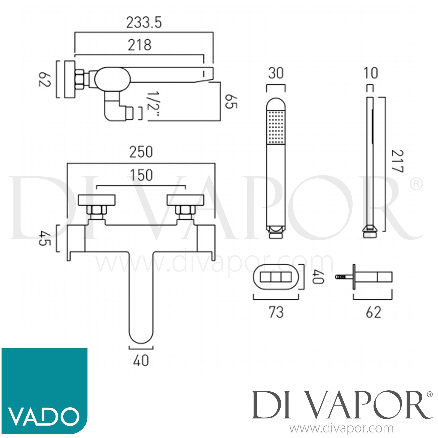 VADO LIF123T+KCP Life Thermostatic Bath Wall Mounted Bath Shower