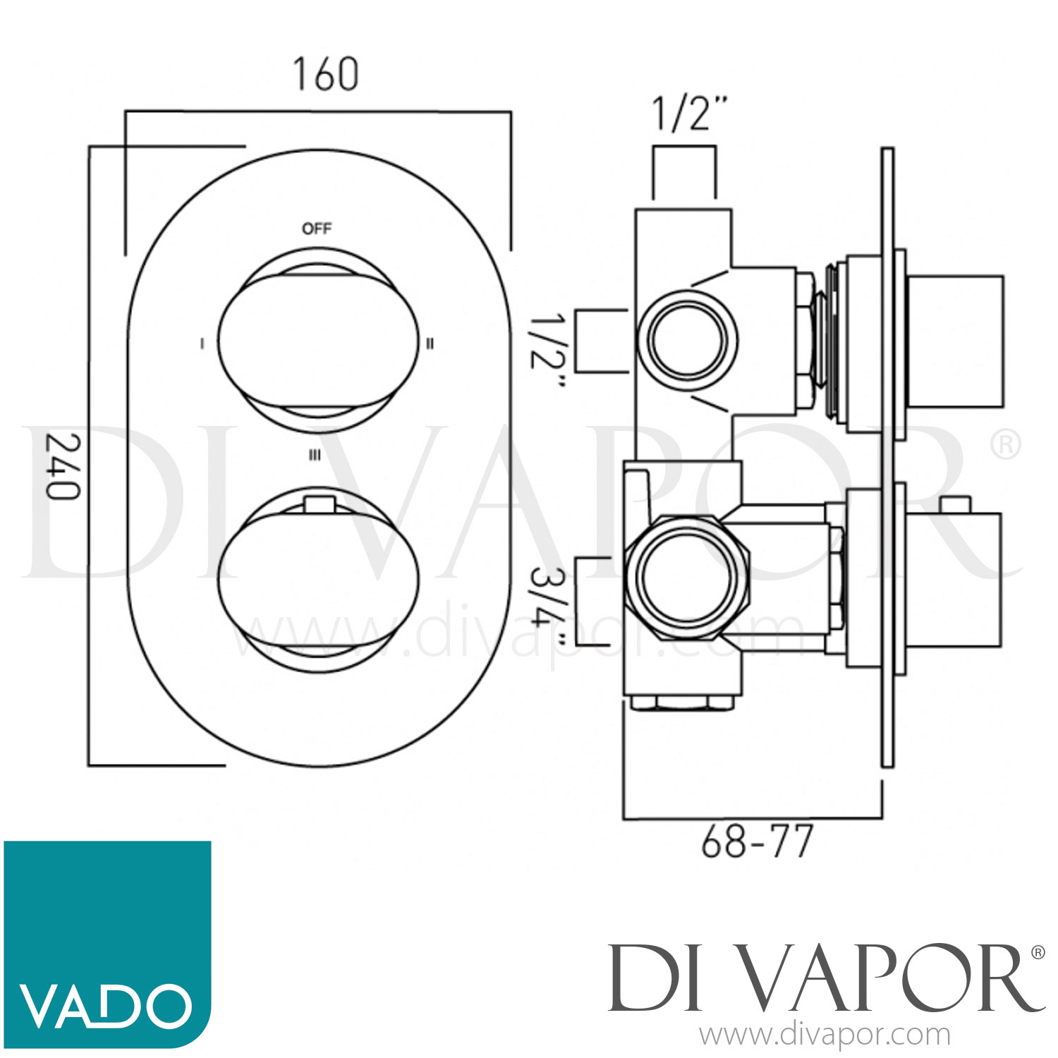 VADO LIF148C/3C/P Life 3 Outlet 2 Handle Thermostatic Shower Valve
