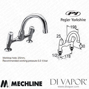 Mechline Pegler Yorkshire 2523QTSLCP 1/2 Inch Mixer Tap with Snub Levers and Swivel Spout Spare Parts