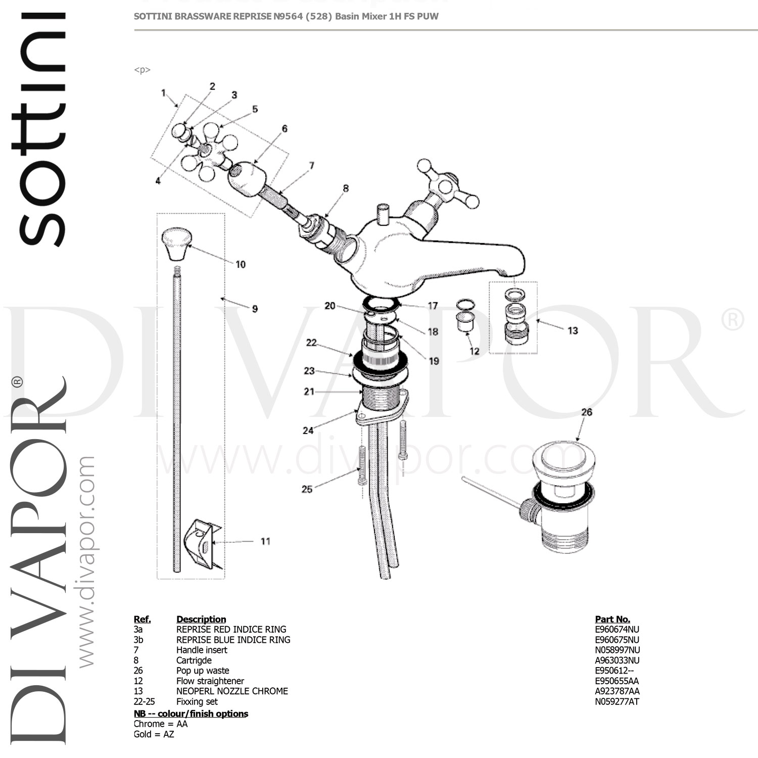 Sottini Reprise Dual Control Basin Mixer Tap Spare Parts N9564AA GEN1