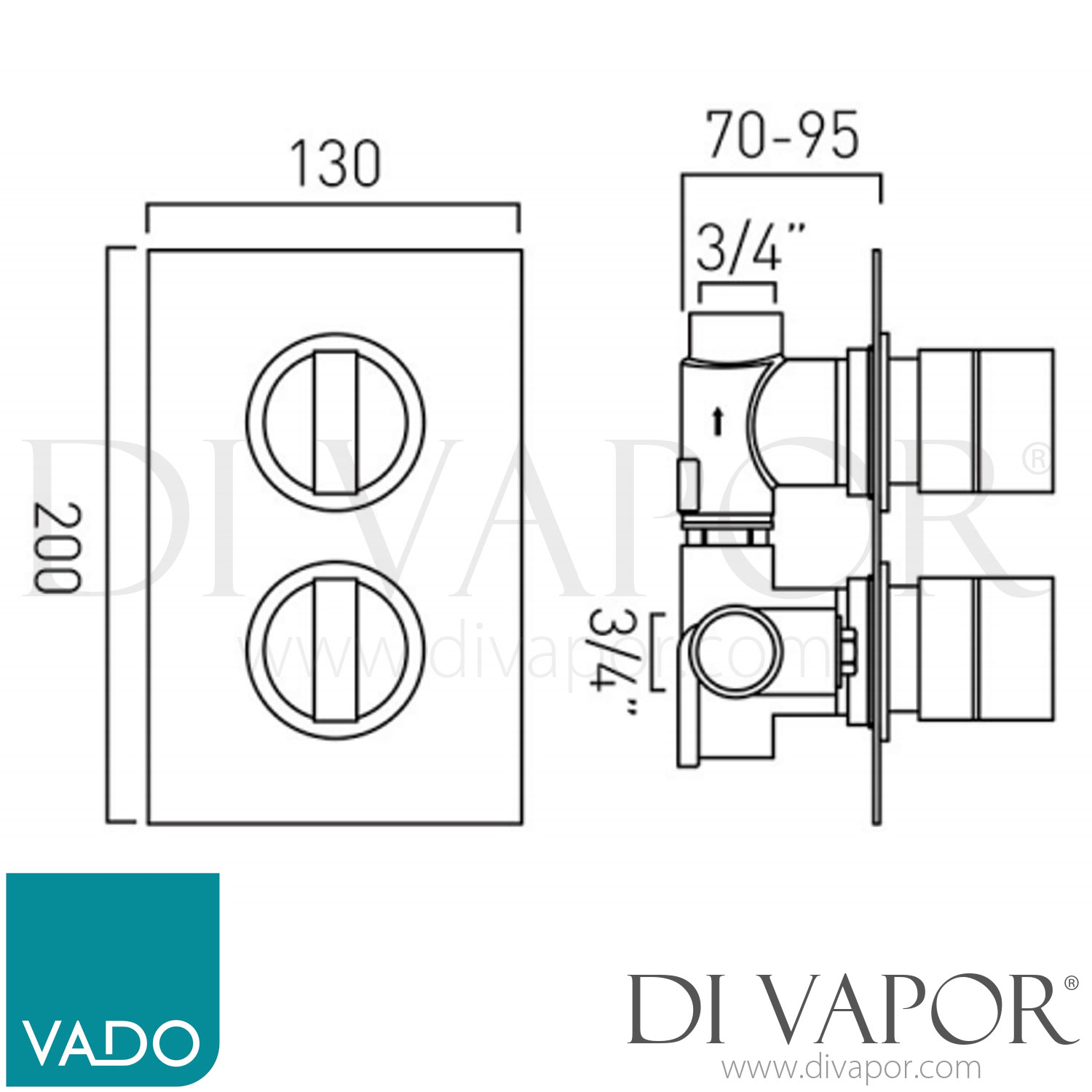 VADO NOT148DC/P DX Notion 1 Outlet, 2 Handle Concealed Thermostatic