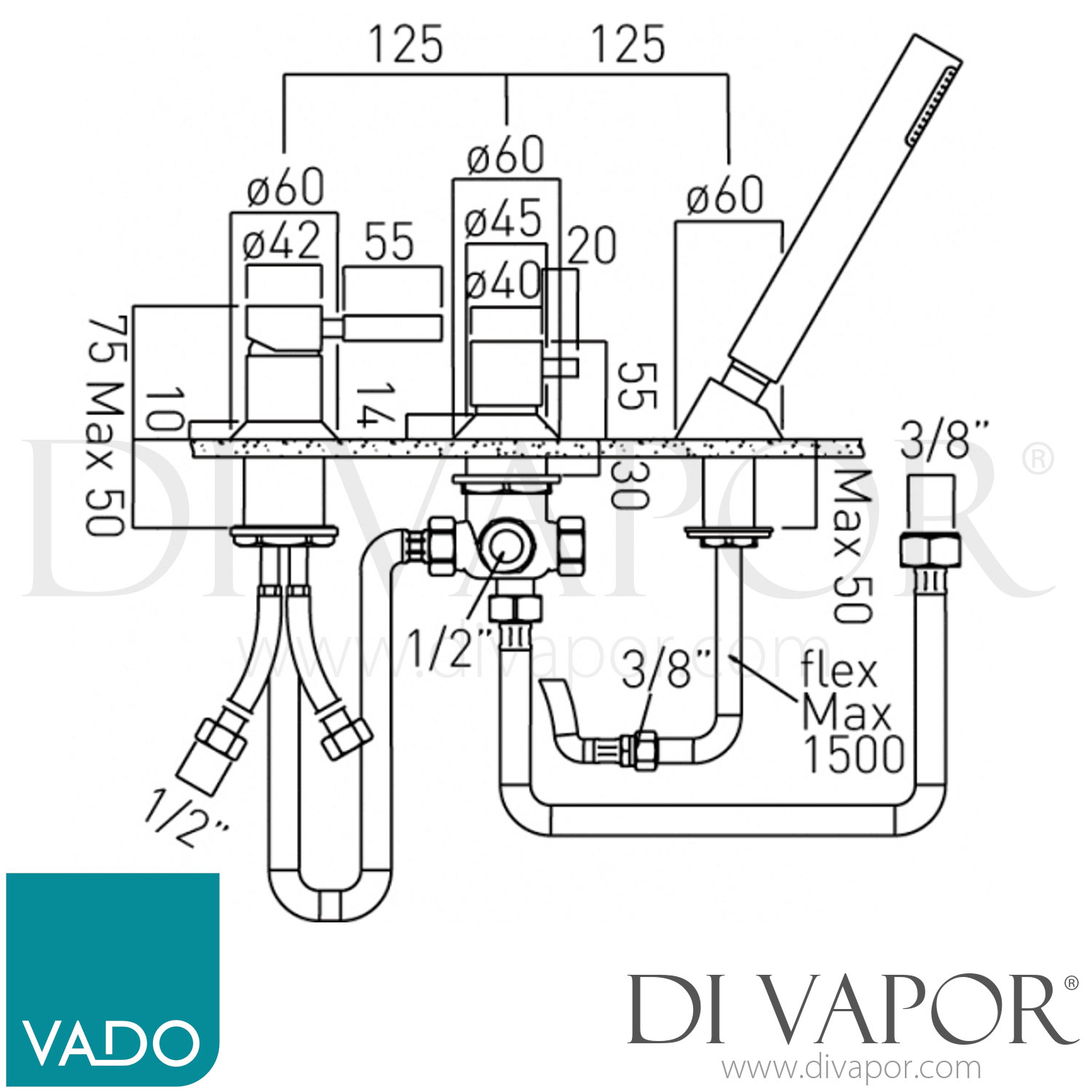 VADO ORI132/NSC/P Origins 3 Hole Bath Shower Mixer Single Lever Deck