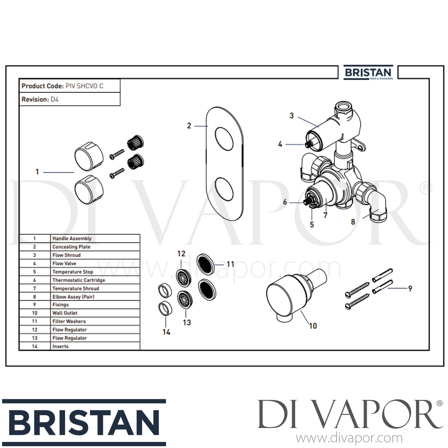Bristan PIV SHCVO C Pivot Recessed Shower Valve Spare Parts