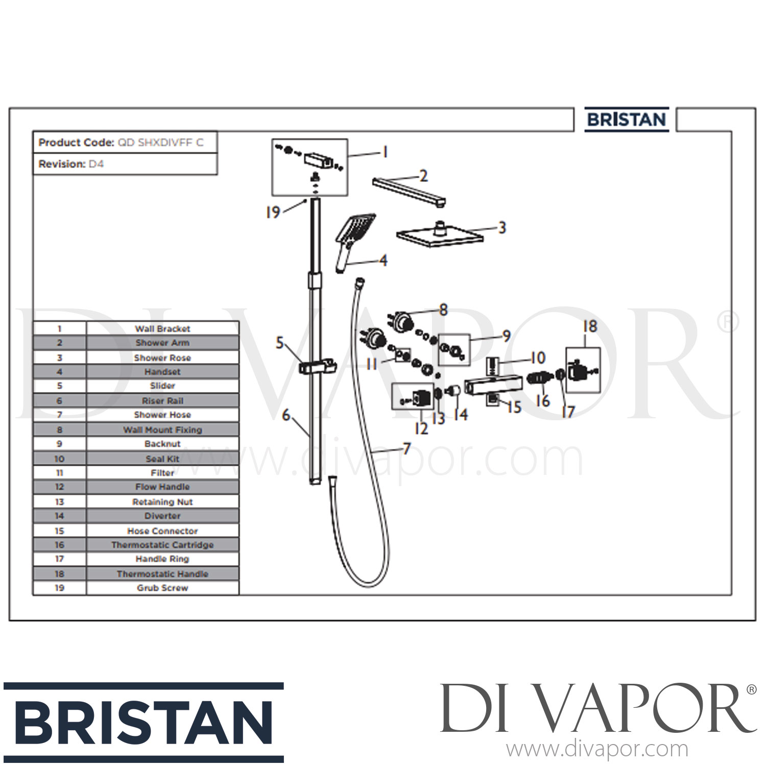 Bristan QD SHXDIVFF C Quadrato Thermostatic Bar Shower with Rigid Riser Spare Parts