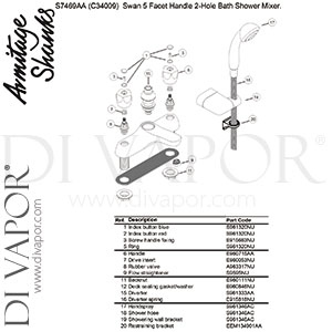 Armitage Shanks S7469AA Swan New Bath and Shower Mixer Rim Mounted Chrome 2H 5Fh Spare Parts