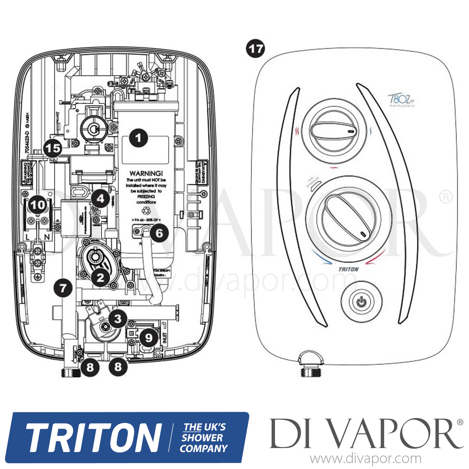 Triton SP8001ZFFTHM T80Z Thermostatic FastFit Electric Shower 10.5kW Spare Parts