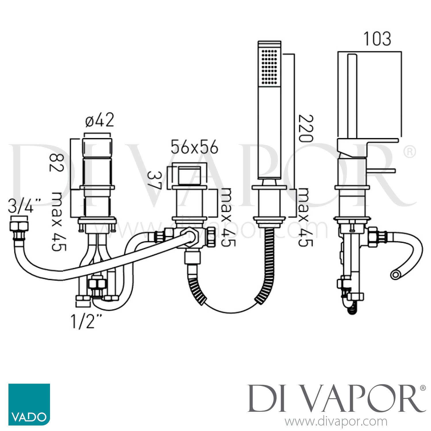 VADO SYN132/NSC/P Synergie 3 Hole Bath Shower Mixer Single Lever Deck
