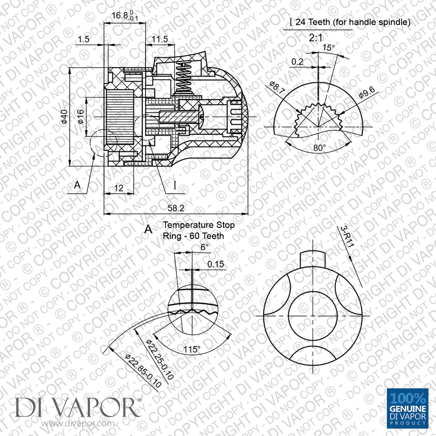 Shower Temperature Control Handle Knob for 24 Tooth / 9.5mm Thermostatic Cartridge Spindles Used in Shower Mixers and Bars