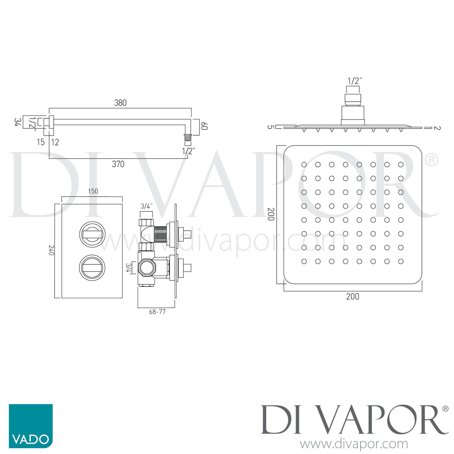 VADO WGNOTBOX/5C/P Notion Square Concealed Thermostatic Shower Valve