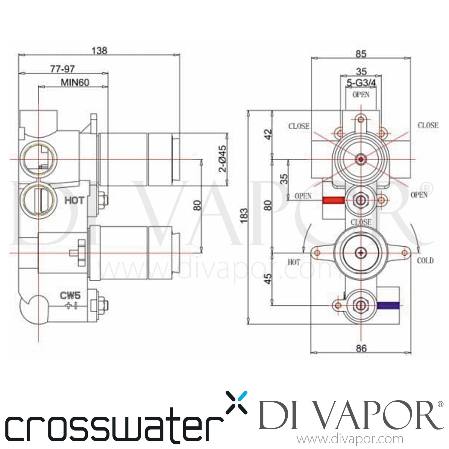 Crosswater WS2500RC Water Square Thermostatic Shower Valve with 3 Way