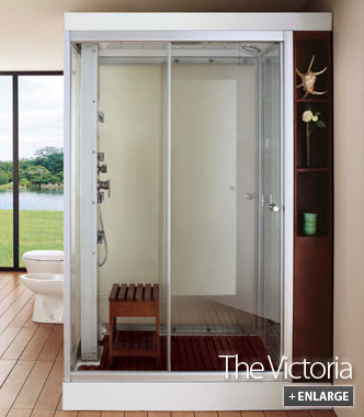 Victoria steam shower with wooden shelving